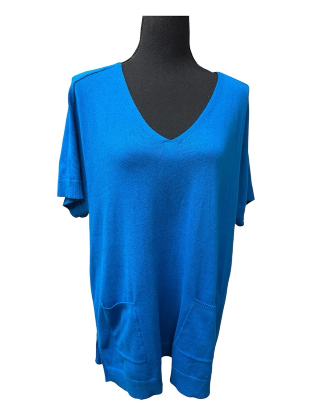 Chico's Teal V Neck Knit Top Short Sleeve Tunic Pockets Size 2 Soft Chic - Picture 1 of 11